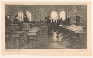 Interiör av Vismarkt på Nieuwmarkt i Amsterdam Vischafslag Amsterdam (originaltitel på objektet) av Albrecht Felix Reicher (signed by artist)