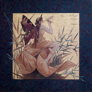 Komposition med en bevingad nymf mellan vassen - Målning av Alexandre de Riquer i Ynglada (1856-1920)