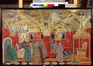 I Kreml. Förberedande teckning till operan Boris Godunov av Modeste Mussorgsky (1839-1881) (I Kreml. Scenografi till operan Boris Godunov av M. Mussorgsky). Verk av Alexander Yakovlevich Golovin (Alexander Golovin) (1863-1930), akvarell och av Aleksandr Jakovlevic Golovin