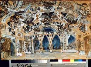 Decor pour la piece de theater La Dame de la mer de Henrik (Henri) Johan Ibsen (1828-1906) (Scenografi till teaterpjäsen Damen från havet av H. Ibsen). Oeuvre av Alexander Yakovlevich Golovin (Alexandre Golovine) (1863-1930), pastell på kartong av Aleksandr Jakovlevic Golovin