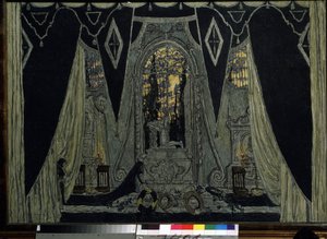 Dekor för operan ""Le guest de pierre"" av Alexandre Dargomyjski (1813-1869) (Scenografi för operan The stone Guest av A. Dargomyzhsky). Verk av Alexander Yakovlevich Golovin (Alexander Golovin) (1863-1930), olja på trä