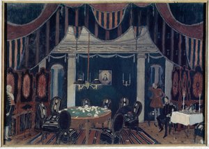 Decor preparatoire pour la piece de theater ""La mascarade"" av Mikhail Lermontov (1814-1841) (Scenografi för teaterpjäsen Maskeraden av Mikhail Lermontov) - Peinture av Alexander Yakovlevich Golovin (Alexandre Golovine) (1863-1930), tempera sur av Aleksandr Jakovlevic Golovin