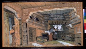 Förberedande uppsättning för operan The Pskov Maiden av Nicholas (Nikolai) Rimsky Korsakov (Rimsky-Korsakov) (1844-1908) (Scenografi för operan The Pskov Maiden av N.Rimsky Korsakov (Rimsky-Korsakov). Beskrivning av den insidan av en av Aleksandr Jakovlevic Golovin