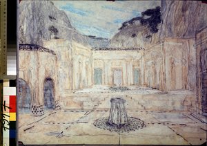 Scenografi för tragedin Antigone efter Sofokles (496 f.Kr.-406 f.Kr.) (Scenografi för tragedin Antigone efter Sofokles). Ett offentligt torg omgivet av antika byggnader i ett bergslandskap. Alexanders verk