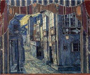 Scenografi för operan Barberaren i Sevilla av Gioachino (Gioacchino) Rossini (1792-1868) (Scenografi för operan Barberaren i Sevilla av G.Rossini). Stadslandskap upplyst av en halvmåne, spanska fasader och kullerstensgator. Arbete av av Aleksandr Jakovlevic Golovin