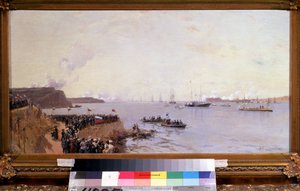 Kejsar Alexander III:s ankomst (1845-1894) till Sebastopol (kejsar Alexander III:s ankomst till Sevastopol). Målning av Alexander Karlovich Beggrov (1841-1914). Olja på duk, 40 x 85 cm