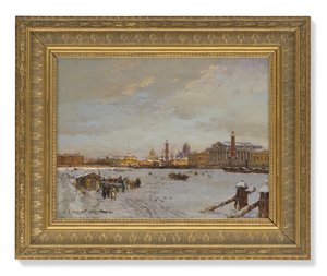 Utsikt över det frusna Neva, Rostralpelarna, St Isaac