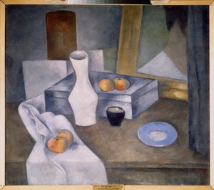 Stilleben med äpplen och blått fat (Stilleben med äpplen och blått fat) - Verk av Alexander Vasilyevich Shevchenko (Alexandre Chevtchenko) (1883-1948), olja på kartong, cirka 1910 - Rysk konst, 1900-talet, avantgarde - Statsryska Museum, S