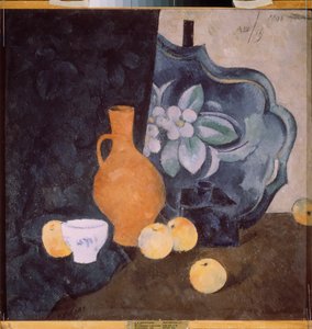 Stilleben med en gul kanna och en vit skål - Verk av Alexander Vasilyevich Shevchenko (Alexander Chevtchenko) (1883-1948), olja på kartong - rysk konst