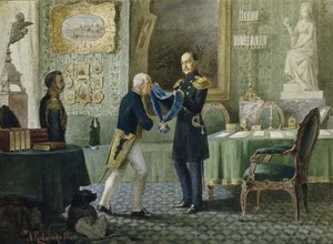 Kejsar Nicholas I tilldelar greve Michail Speransky det blå bandet av St. Andreasorden 1880 av Aleksei Danilovich Kivshenko