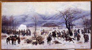 Rysk-turkiska (ryska-turkiska) kriget (1877-1878): Fjärde slaget vid Shipka-passet i Bulgarien från 5 till 9 januari 1878 (Fjärde slaget vid Shipka-passet). Målning av Alexei Danilovich Kivshenko (1851-1895)