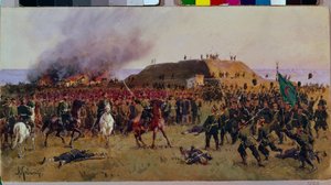 Infångandet av fästningen Gorni Dubnik (Gorni-Dubnik) den 24 oktober 1877. Rysk-turkiska kriget: stridsscen mellan den ryska arméns kosacker och soldaterna i det osmanska riket, militär episod för kontroll av passagen av the Shipka (Bulgarien).