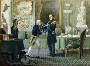 Kejsar Nicholas I av Ryssland (1796-1855) överlämnar det blå bandet av Saint Andres orden till greve Mikhail Speranski (1772-1839). (Kejsar Nicholas I tilldelar det blå bandet av St. Andrews orden till greve Michail Speransky). Verk av Alexei Danilovich