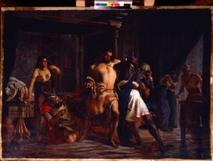 Simson och Delila (Samson och Delila). Den bibliska hjälten överfallen i sitt rum av de filisteiska soldaterna som försöker binda honom med repet av hans hår, varav en del ligger på marken med en sax, bakom Simson, håller Delila i sitt hår.