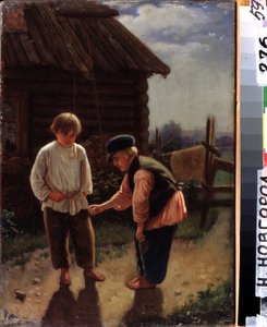Spela Knucklebones. Två barfota barn leker på gården framför ett trähus på landet. Målning av Alexei Ivanovich Korzukhin (1835-1894), olja på duk. Rysk konst från 1800-talet. Statens konstmuseum, Nizhny Novgorod (R