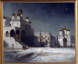 Katedraltorget i Moskva Kreml på natten. (Katedraltorget i Moskva Kreml på natten). Målning av Alexei Kondratyevich Savrasov (Savrasov) (1830-1897), olja på duk av Alexei Kondratjewitsch Sawrassow
