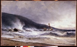 Ecume a Cap Martin (Frankrike) (Surfa på Cap Martin). Målning av Alexei Petrovich Bogolyubov (Bogoliubov eller Bogolioubov) (1824-1896). Olja på duk av Aleksei Petrovich Bogolyubov