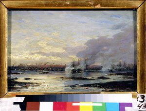 Stora norra kriget (1700-1721): ""Slaget vid Gangut som såg den ryska flottans (inklusive Gangut cuirass) seger över den svenska flottan den 07/08/1714"" Målning av Alexei Petrovich Bogolyubov (Bogoliubov eller Bogoliubov) ) (1824-1896) 1876 delstat A av Aleksei Petrovich Bogolyubov