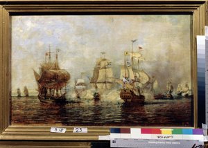 Stora norra kriget (1700-1721): det första ryska svenska sjöslaget vid Oselöarna den 4 juni 1719. (Första ryska svenska sjöslaget vid Oselön). Målning av Alexei Petrovich Bogolyubov (Bogoliubov eller Bogolioubov) (1824-1896). olja på dig