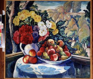 Stilleben på verandan. (stilleben på verandan). Målning av Alexei Ilyich Kravchenko (1889-1940), olja på duk 1916. Rysk konst, tidigt 1900-tal. Regionalt konstmuseum, Simbirsk (eller Ulianovsk) (Ryssland).