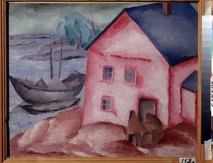Ett rosa hus nära floden (A Pink House at the River). Med ett par, en båt och en förtöjd båt. Målning av Alexei Ilyich Kravchenko (1889-1940), olja på duk