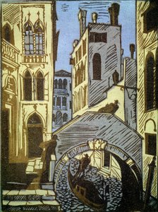 Venedig, Italien (Venedig). Kanal, gondol, bro och fasader av staden. Verk av Alexei Ilyich Kravchenko (1889-1940), träsnitt. Rysk konst, landskap från 1800- och 1900-talet. Statens Tretjakovgalleri, Moskva. (Ryssland).