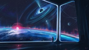 Utsikt över planeten vid ett svart hål