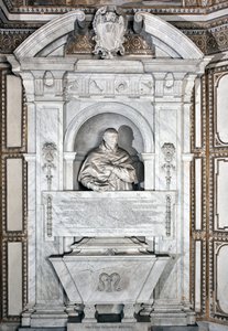 Begravningsmonument till hyllning till kardinal Giovanni Garcia Mellini med porträtt i byst Marmorskulptur av Alesssandro Algardi (1598-1654) 1630 runt Rom-basilikan Santa Maria del Popolo, Cappella Mellini