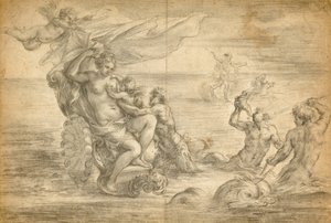 Venus sittande i sin havsvagn sugande Amor av Alessandro Algardi