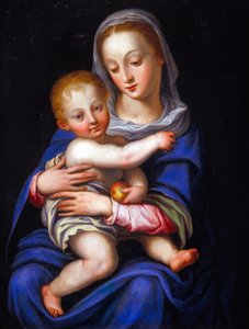 Madonna och barn (olja på försilvrad koppar) av Alessandro Allori