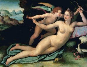 Venus och Amor av Allori, Alessandro (1535-1607). Olja på trä, Mått: 29x38. Uffizierna, Florens