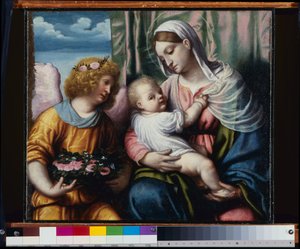 Madonna med barn och en ängel av Alessandro Bonvicino Moretto