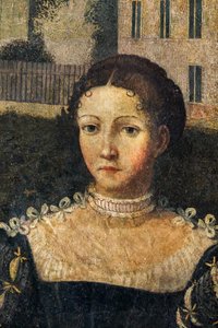 Porträtt av en adelsdam, detalj av de ädla damernas lilla rum (olja på duk limmad på väggarna) av Alessandro Bonvicino Moretto