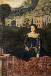 Porträtt av en adelskvinna, detalj av de ädla damernas lilla rum (olja på duk limmad på väggarna) av Alessandro Bonvicino Moretto