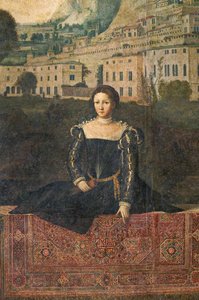 Porträtt av en adelsdam, detalj av de ädla damernas lilla rum (olja på duk limmad på väggarna) av Alessandro Bonvicino Moretto