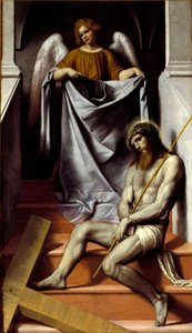 Kristi lidande och ängeln Kristus faller i lidande nära sitt kors. Målning av Alessandro Bonvicino dit Il Moretto da Brescia (1498-1554) 1500-talet sön. 209x126 cm Brescia, Pinacoteca Tosio Martinengo