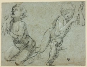 Skisser av två Putti, varav en håller den döde Kristus hand (recto); Torso och ben av knäböjande figur (verso) av Alessandro Casolani