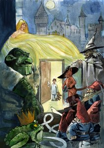 Ett barn som stirrar på sagornas karaktärer som Puss i stövlar, en prinsessa och en padda, Seven Dwarfs av Alessandro Lonati