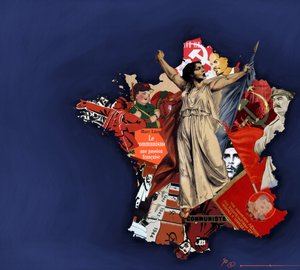 En mariana mot en bakgrund av kommunistiskt collage. Allegori över kommunismen i Frankrike. 2010 Färgteckning av Alessandro Lonati. av Alessandro Lonati