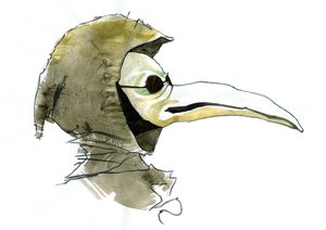 En pestläkare bär en näbbliknande mask som var fylld med aromatiska föremål av Alessandro Lonati
