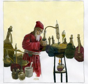 Alkemist i sitt laboratorium omgiven av flaskor och stillbilder Illustration av Alessandro Lonati av Alessandro Lonati