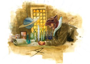 En alkemist i sitt laboratorium omgiven av flaskor och stillbilder som undersöker innehållet i en flaska (alkemist i sitt laboratorium omgiven av flaskor och flaskor) av Alessandro Lonati