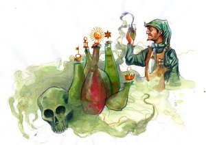 En alkemist i sitt laboratorium omgiven av flaskor och stillbilder som undersöker innehållet i en flaska (alkemist i sitt laboratorium omgiven av flaskor och flaskor) av Alessandro Lonati