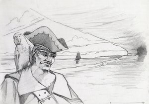 Karibisk pirat med papegoja som letar efter en skatt i en grotta på en strand, med galjon. Teckning av Alessandro Lonati. av Alessandro Lonati