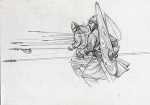 Ansvar för normandiska krigare av infanteriet i slaget vid Hastings 1066. Teckning av Alessandro Lonati. av Alessandro Lonati