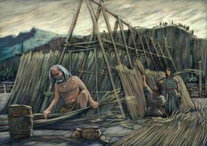 Byggande av palafitthus, förhistoriska hus. av Alessandro Lonati