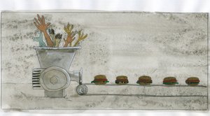 Konsumentsamhället: produktion av skräpmat, hamburgare gjord av mänskliga och animaliska rester (konsumtion: produktion av skräpmat, hamburgare gjord av mänskliga och djurrester) Illustration av Alessandro Lonati av Alessandro Lonati