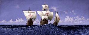 Upptäck Amerika: "Pinta", "Nina" och "Santa Maria", Christopher Columbus karaveller under expeditionen 1492. Illustration av Alesandro Lonati. 2010 av Alessandro Lonati