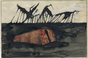Miljökatastrof: oljiga fåglar på en strand efter att en oljetanker har sjunkit eller oljekannor som har hamnat fel på stranden Illustration av Alessandro Lonati av Alessandro Lonati
