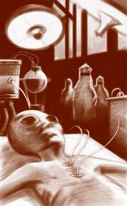 Fantastisk varelse: en utomjording som utsatts för laboratorietester. Illustration av Alesandro Lonati. 2010 av Alessandro Lonati